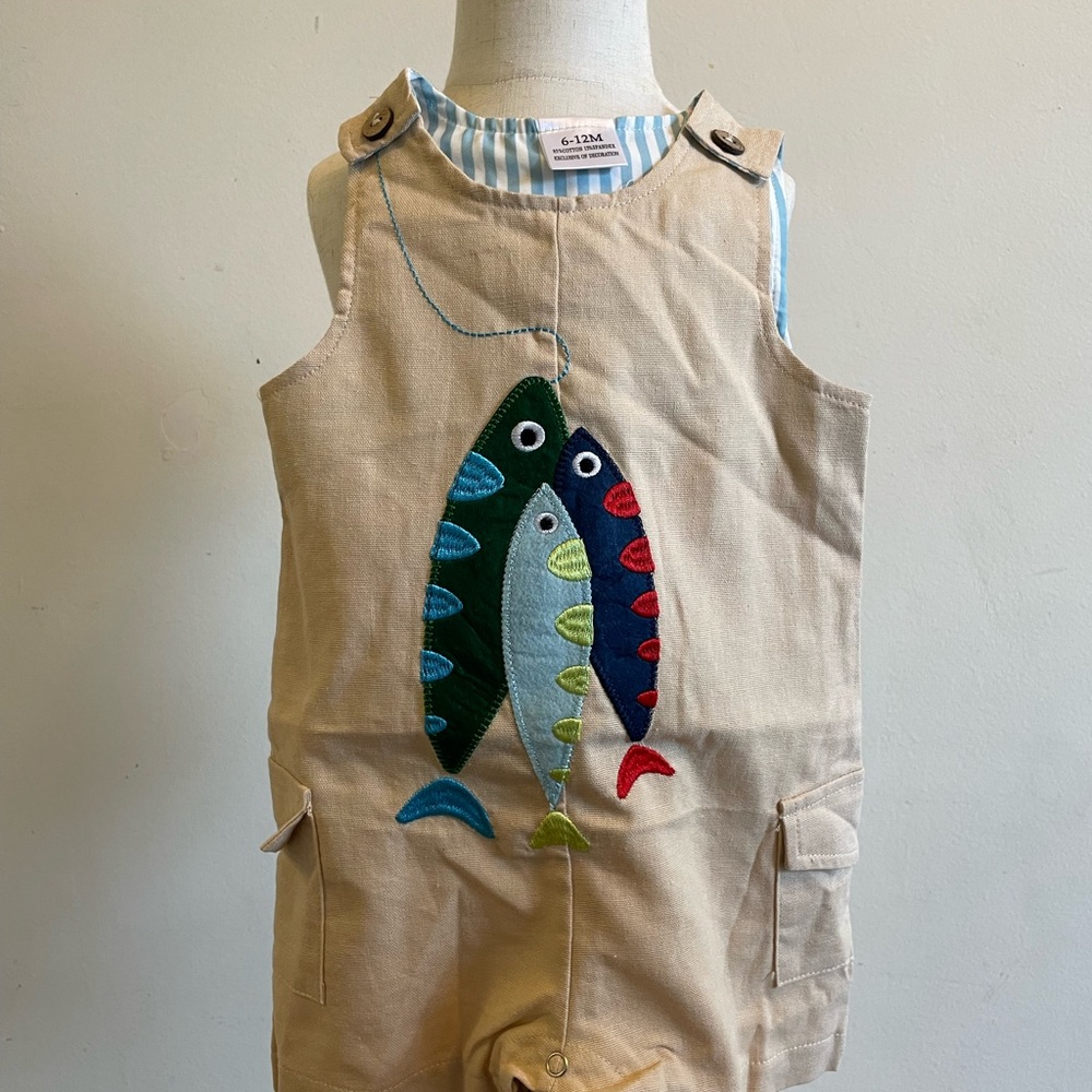 Tan Romper with Fish Appliqué. Baby size 6-12 months